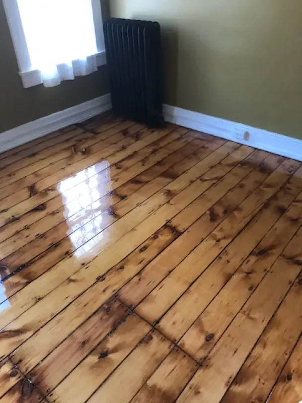 A room with a wooden floor and a radiator
